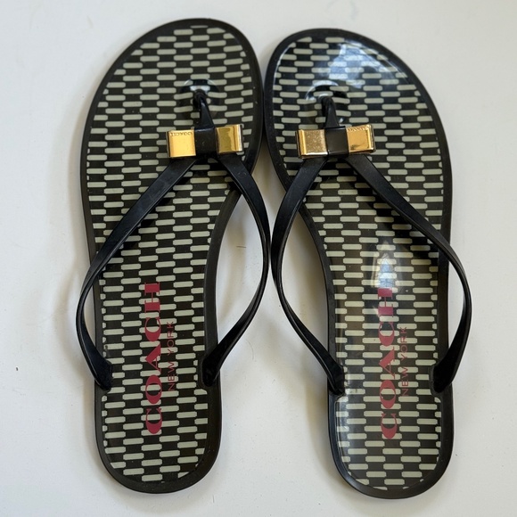 Women's Coach Landon Black Jelly Thong Flip Flop Sandals with Gold Bow, size 8.5 - Picture 4 of 13